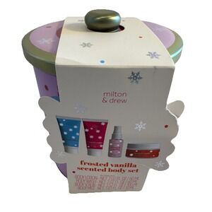4 Pack Milton & Drew ~ Frosted Vanilla Scented Body Care Gift Set In Deco Tin